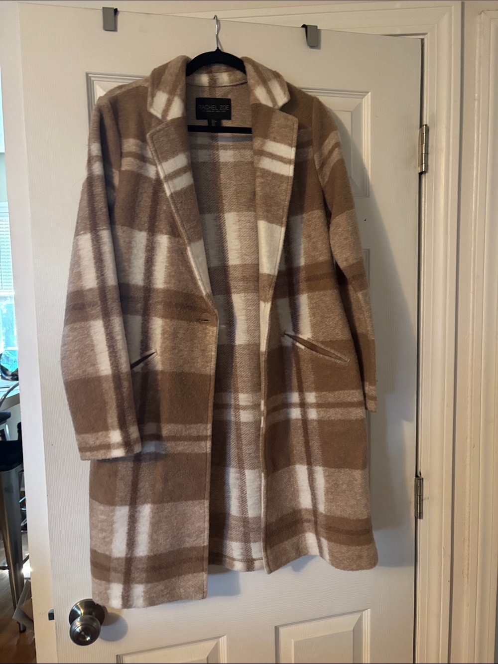 Rachel Zoe Cream and Tan Plaid Wool-Blend Open Coat